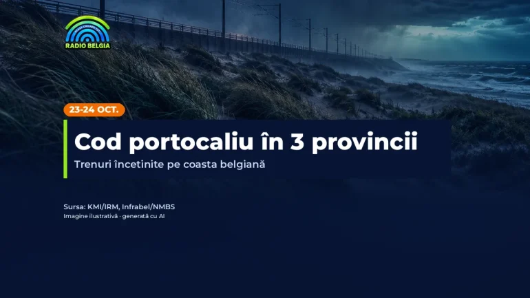 Imagine ilustrativă generată cu AI: cale ferată pe coasta belgiană sub cer de furtună; text: Cod portocaliu în 3 provincii
