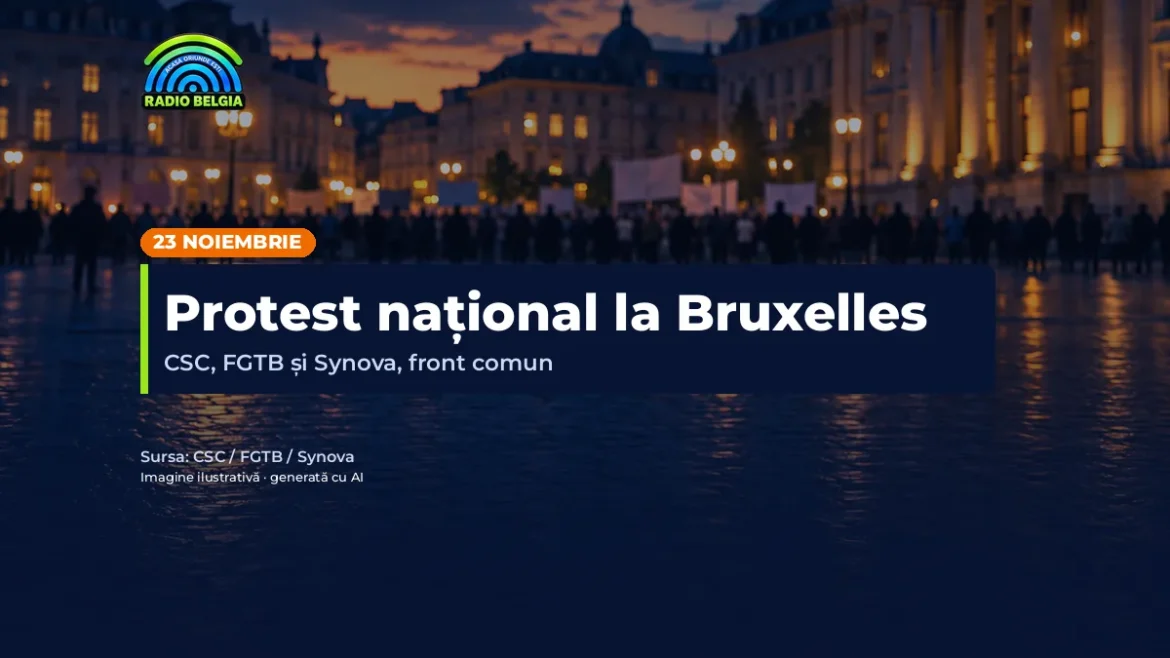 Imagine ilustrativă generată cu AI: piață din Bruxelles la amurg cu siluete de manifestanți; text: Protest național la Bruxelles