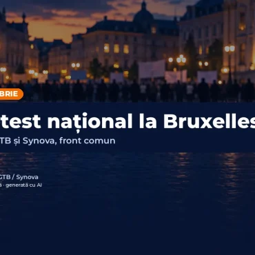 Imagine ilustrativă generată cu AI: piață din Bruxelles la amurg cu siluete de manifestanți; text: Protest național la Bruxelles