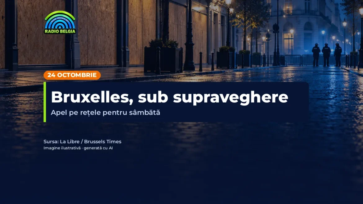 Imagine ilustrativă generată cu AI: stradă comercială din Bruxelles cu vitrine acoperite și polițiști în depărtare; text: Bruxelles, sub supraveghere