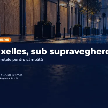 Imagine ilustrativă generată cu AI: stradă comercială din Bruxelles cu vitrine acoperite și polițiști în depărtare; text: Bruxelles, sub supraveghere