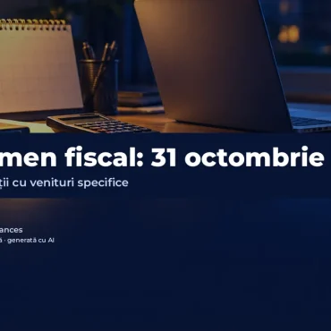 Imagine ilustrativă generată cu AI: birou cu laptop, calendar și lampă seara; text: Termen fiscal: 31 octombrie