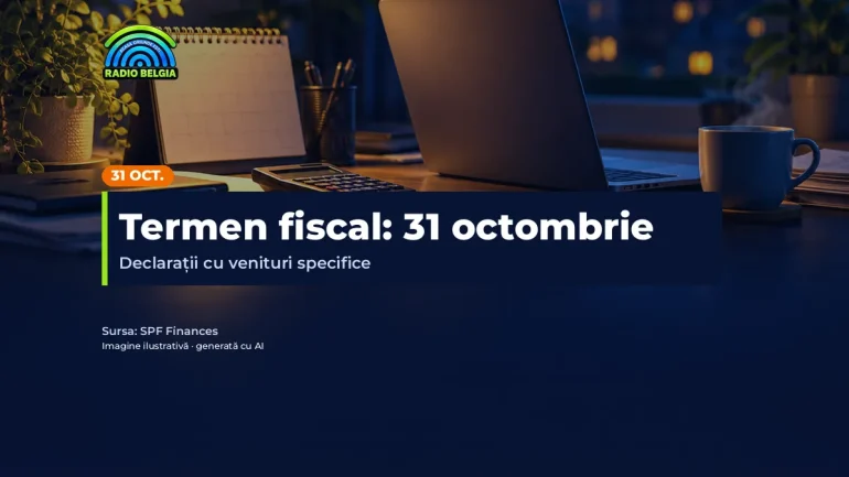 Imagine ilustrativă generată cu AI: birou cu laptop, calendar și lampă seara; text: Termen fiscal: 31 octombrie