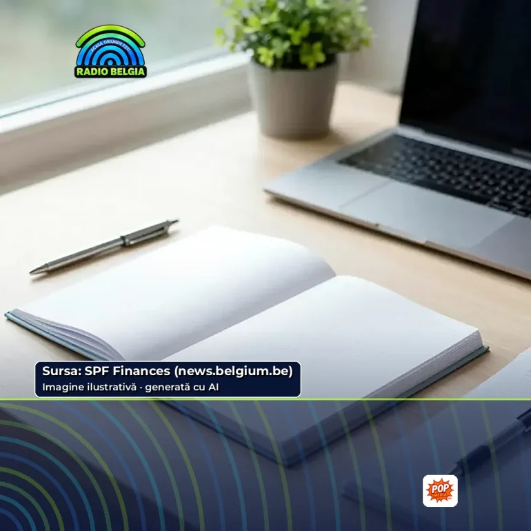 Imagine ilustrativă generată cu AI: birou luminos cu un caiet deschis, un pix și un laptop; sigla Radio Belgia și caseta „Sursa: SPF Finances (news.belgium.be)”